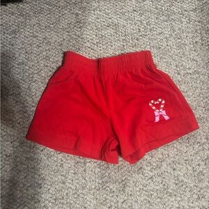 Red Cotton Elastic Waist Shorts with Candy Heart Detail